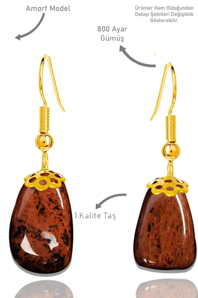 Sertifikalı Amorf Model Ham Kahverengi Obsidyen Taşı Küpe - Gold Renkli ürün görseli