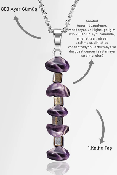 Sertifikalı AAA+ Kırık Taşlı Model Ametist Taşı Kolye