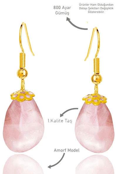 Sertifikalı Amorf Model Ham Pembe Kuvars Taşı Küpe - Gold Renkli ürün görseli