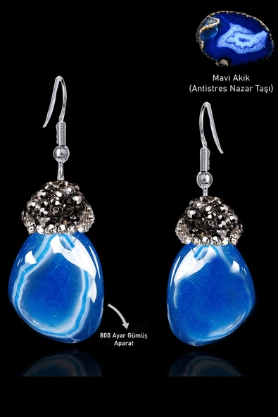 Sertifikalı Zirkon Taşlı Model Ham Mavi Akik Taşı Küpe ürün görseli