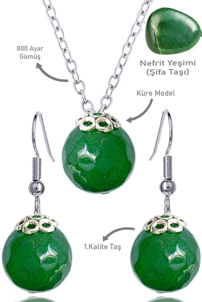 Sertifikalı Küre Model Fasetli Nefrit Yeşim Taşı Kolye ve Küpe Seti - Gümüş Aparatlı ürün görseli