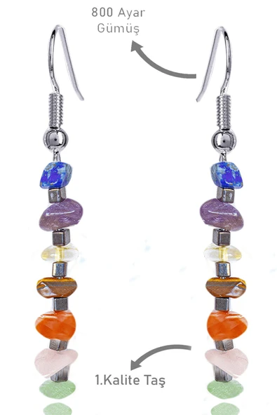 Sertifikalı Kırık Taşlı 7 Çakra Doğal Taş Küpe - Lapis Ametist Sitrin Kaplan Gözü Akik Pembe Kuvars