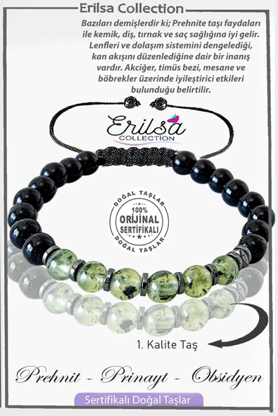 Sertifikalı Gerçek Obsidyen - Prehnit - Prinayt Taşı Bileklik ürün görseli