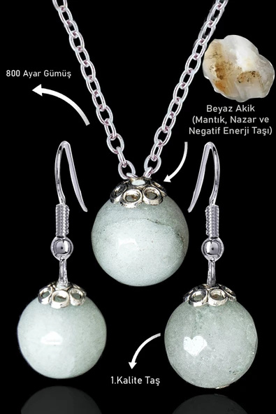 Sertifikalı Küre Model Beyaz Akik Taşı Kolye ve Küpe Seti - Gümüş Aparatlı ürün görseli
