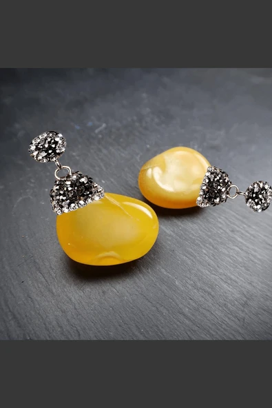 Sertifikalı Zirkon Taşlı Model Ham Sarı Akik Taşı Kolye - Resim 2