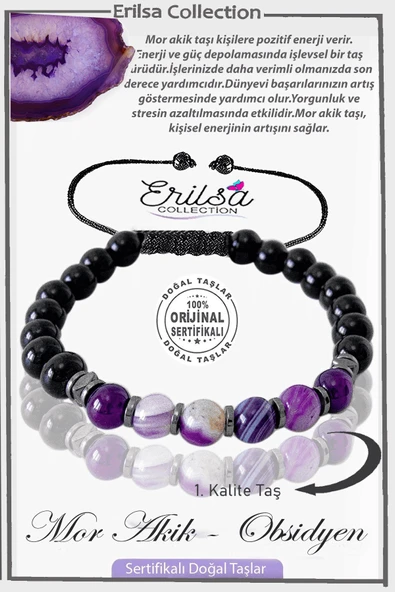 Sertifikalı Gerçek Hematit - Obsidyen - Mor Akik Taşı Bileklik ürün görseli