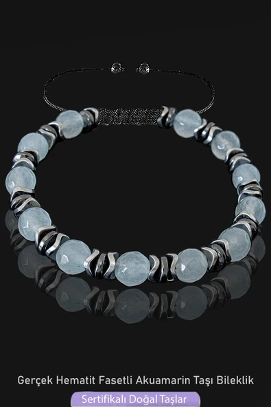 Sertifikalı Gerçek Fasetli Hematit - Akuamarin Taşı Bileklik - Resim 2