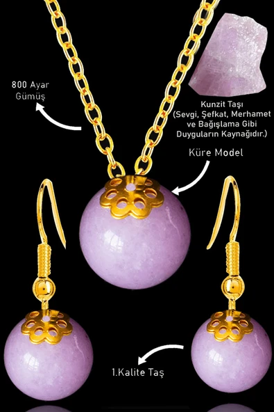 Sertifikalı Küre Model Kunzit Taşı Kolye ve Küpe Seti - Gümüş Aparatlı