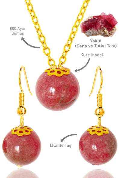 Sertifikalı Gold Küre Model Yakut Taşı Kolye ve Küpe Seti - Gümüş Aparatlı