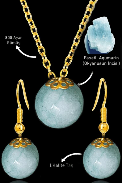 Sertifikalı Gold Fasetli Akuamarin Taşı Kolye ve Küpe Seti