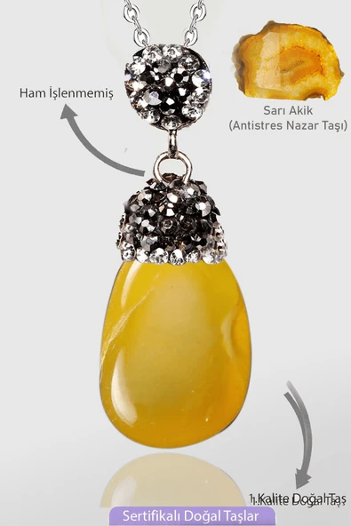 Sertifikalı Zirkon Taşlı Model Ham Sarı Akik Taşı Kolye ürün görseli