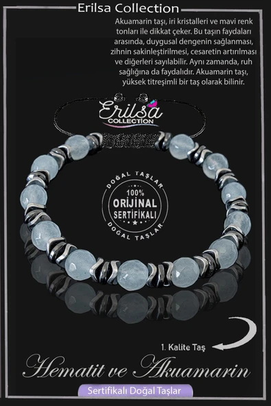 Sertifikalı Gerçek Fasetli Hematit - Akuamarin Taşı Bileklik ürün görseli