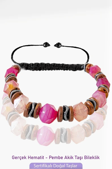 Sertifikalı Elmas Kesim Rose Hematit - Pembe Akik Taşı Bileklik ürün görseli
