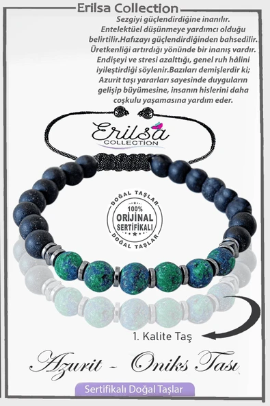 Sertifikalı Gerçek Ham İşlenmemiş Oniks - Azurit Taşı Bileklik ürün görseli