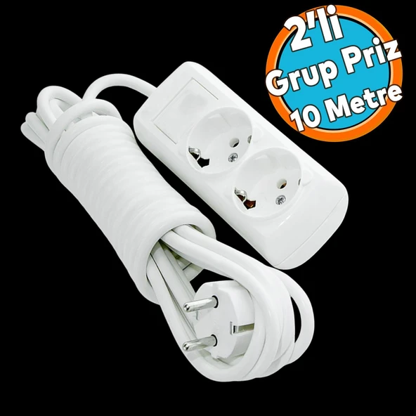 2'li Topraklı Kablolu Grup Priz Fiş Çoğaltıcı 10 Metre Çoklu Asmalı Uzatma Kablosu Anahtarsız