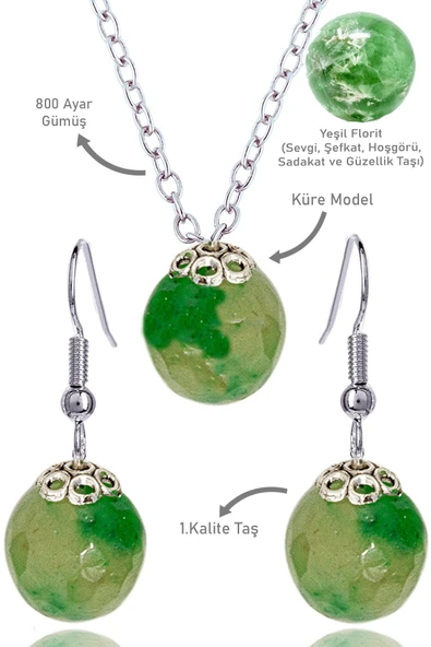 Sertifikalı Küre Model Yeşil Florit Taşı Kolye ve Küpe Seti - Gümüş Aparatlı