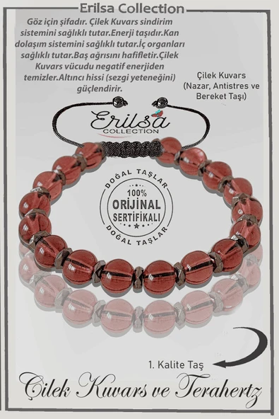 Sertifikalı Gerçek Hematit - Çilek Kuvars Taşı Bileklik - Ayarlamalı ürün görseli