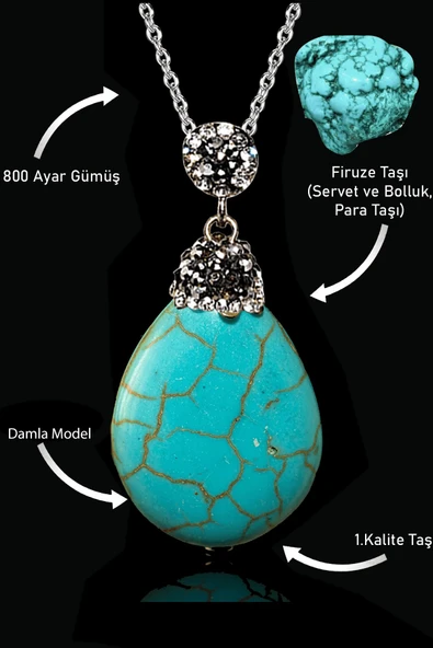 Sertifikalı XL Zirkon Taşlı Damla Model Firuze Taşı Kolye (Turkuaz Taşı)