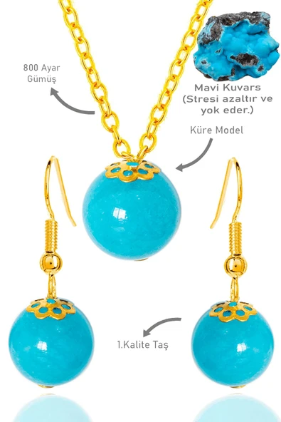 Sertifikalı Gold Küre Model Mavi Kuvars Taşı Kolye ve Küpe Seti - Gümüş Aparatlı - 1