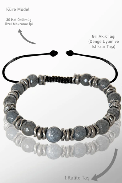 Sertifikalı Gerçek Hematit- Fasetli Gri Akik Taşı Bileklik ürün görseli