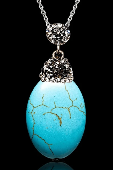 Sertifikalı XL Zirkon Taşlı Oval Model Firuze Taşı Kolye (Turkuaz Taşı) - Resim 2