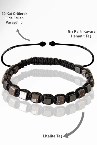 Sertifikalı Küp Model Terahertz - Gri Karlı Kuvars Taşı Bileklik - Ayarlamalı ürün görseli