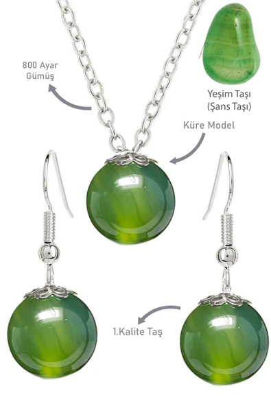 Sertifikalı Gerçek Küre Yeşim Taşı Kolye Ve Küpe Seti - Gümüş Aparatlı ürün görseli