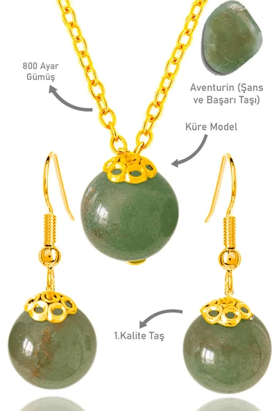 Sertifikalı Gold Küre Yeşim Taşı Kolye Ve Küpe Seti - Gümüş Aparatlı