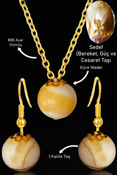 Sertifikalı Gold Küre Model Sedef Taşı Kolye ve Küpe Seti - Gümüş Aparatlı ürün görseli