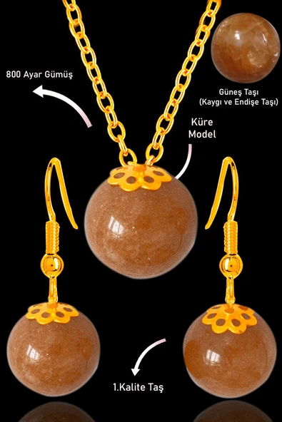 Sertifikalı Orijinal Gold Küre Model Güneş Taşı Kolye ve Küpe Seti - Gümüş Aparatlı - Koyu Renk