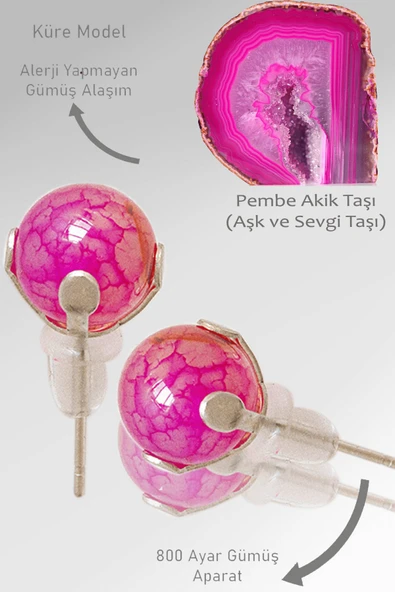 Sertifikalı Gerçek Pembe Akik Taşı Nokta Doğal Taş Küpe ürün görseli