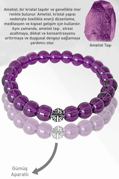 Sertifikalı AAA+ Şeffaf Mor Ametist Taşı Bileklik - Gümüş Aparatlı ürün görseli