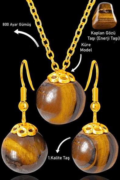 Sertifikalı Gold Küre Model Kaplan Gözü Taşı Kolye ve Küpe Seti - Gümüş Aparatlı