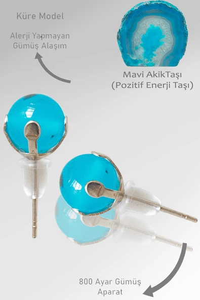 Sertifikalı Gerçek Mavi Akik Taşı Nokta Doğal Taş Küpe