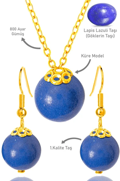 Sertifikalı Gold Küre Model Lapis Lazuli Taşı Kolye ve Küpe Seti - Gümüş Aparatlı ürün görseli