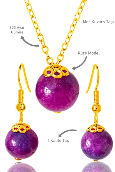 Sertifikalı Gold Küre Model Mor Kuvars Taşı Kolye ve Küpe Seti - Gümüş Aparatlı - Koyu Renk
