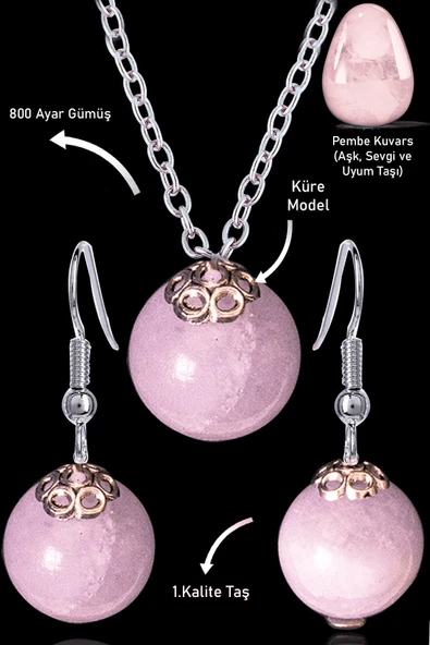 Sertifikalı Küre Model Pembe Kuvars Taşı Kolye ve Küpe Seti - Açık Renk