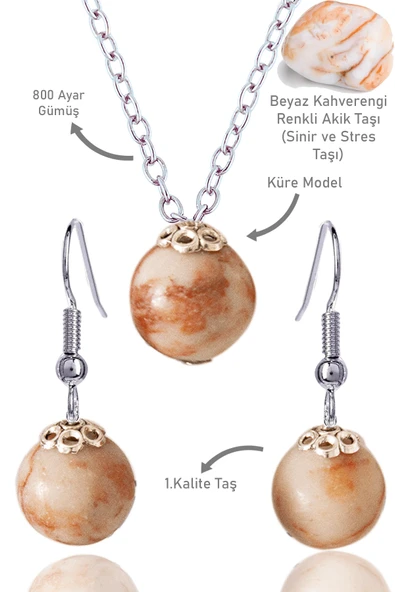 Sertifikalı Küre Model Beyaz Kahverengi Renkli Akik Taşı Kolye ve Küpe Seti - Gümüş Aparatlı - 1