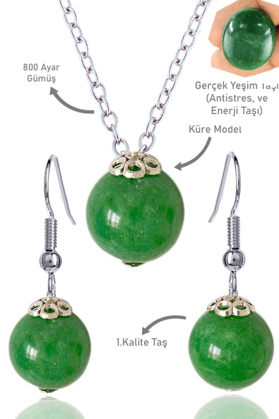 Sertifikalı Küre Orijinal Yeşim Taşı Kolye ve Küpe Seti - Gümüş Aparatlı