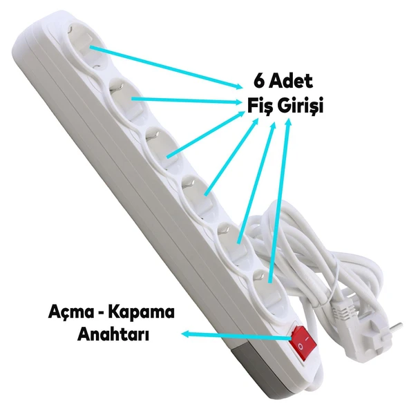 6'lı Grup Priz Anahtarlı Topraklı 2 Metre Seyyar Ara Kablolu Uzatma Kablolusu Altılı Piriz Kablo - 4
