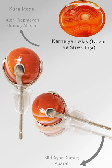 Sertifikalı Gerçek Karnelyan Akik Taşı Nokta Doğal Taş Küpe