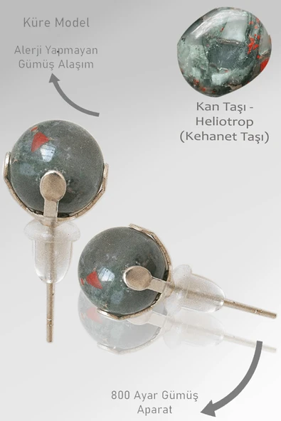 Sertifikalı Gerçek Kan Taşı Nokta Doğal Taş Küpe - Heliotrop Taşı
