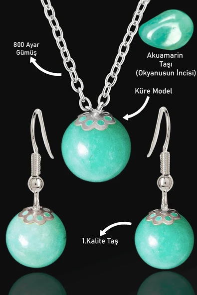 Sertifikalı Küre Model Akuamarin Taşı Kolye ve Küpe Seti - Gümüş Aparatlı ürün görseli