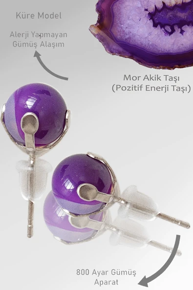 Sertifikalı Gerçek Mor Akik Taşı Nokta Doğal Taş Küpe