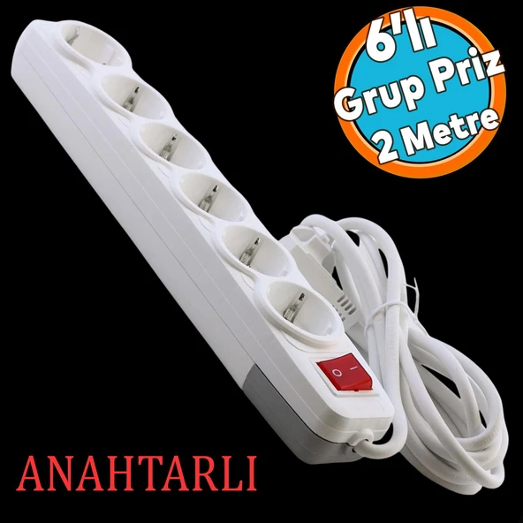 6'lı Grup Priz Anahtarlı Topraklı 2 Metre Seyyar Ara Kablolu Uzatma Kablolusu Altılı Piriz Kablo