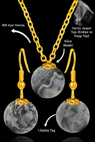 Sertifikalı Gold Küre Model Harita Jasper Taşı Kolye ve Küpe Seti - Gümüş Aparatlı