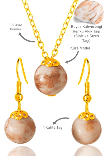 Sertifikalı Gold Küre Model Kahverengi Beyaz Jasper Taşı Kolye ve Küpe Seti - Gümüş Aparatlı