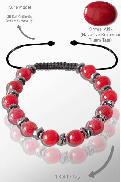 Sertifikalı Gerçek Hematit - Bayrak Kırmızı Akik Taşı Bileklik - Ayarlamalı ürün görseli