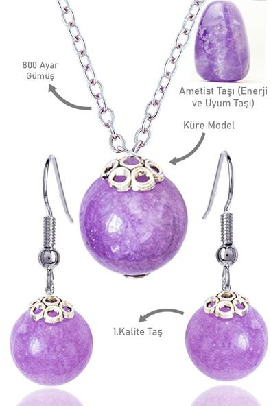 Sertifikalı Açık Renk Küre Model Ametist Taşı Kolye ve Küpe Seti - Gümüş Aparatlı