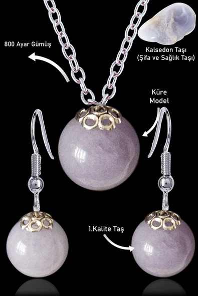 Sertifikalı Küre Model Kalsedon Taşı Kolye ve Küpe Seti - Gümüş Aparatlı